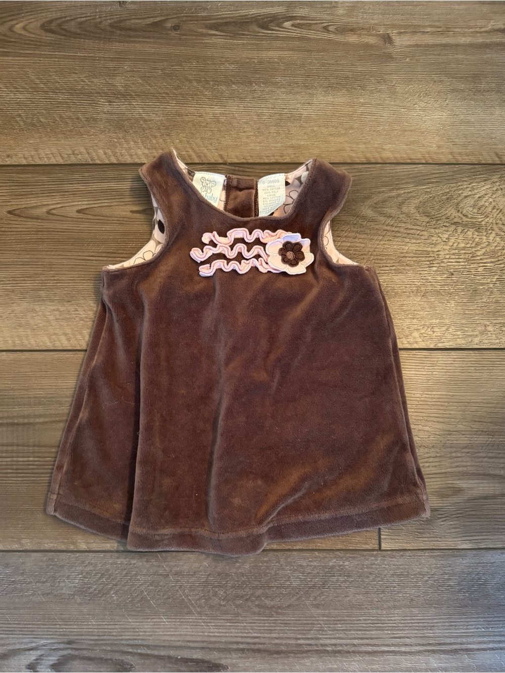 Koala Kids Vintage Y2K Brown Velour Dress with Pink Ruffle Flowers